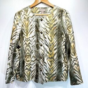 Chico’s Olive Gold Bronze & Ivory Animal Striped Button Front Jacket Size 1/M